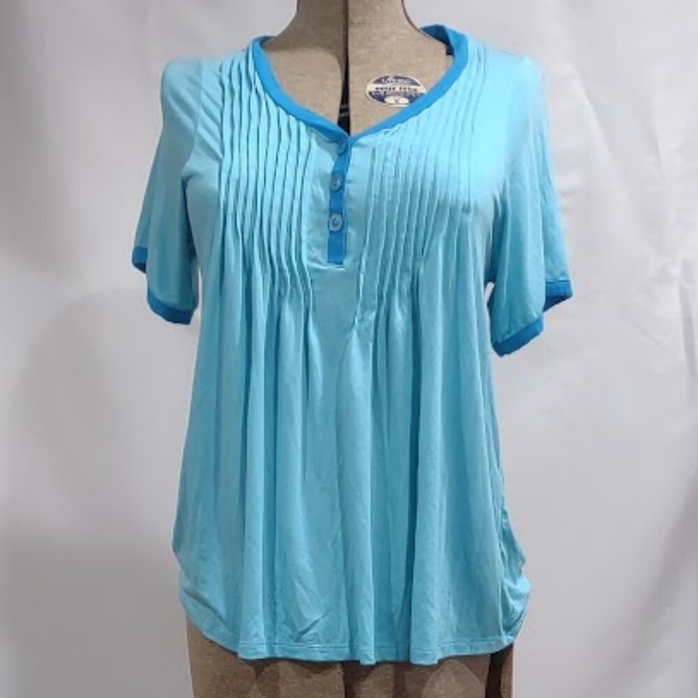 PAJAMA MANIA BLUE TUNIC STYLE 3 BUTTON SHORT SLEEVE PAJAMA TOP SILKY SOFT SIZE L